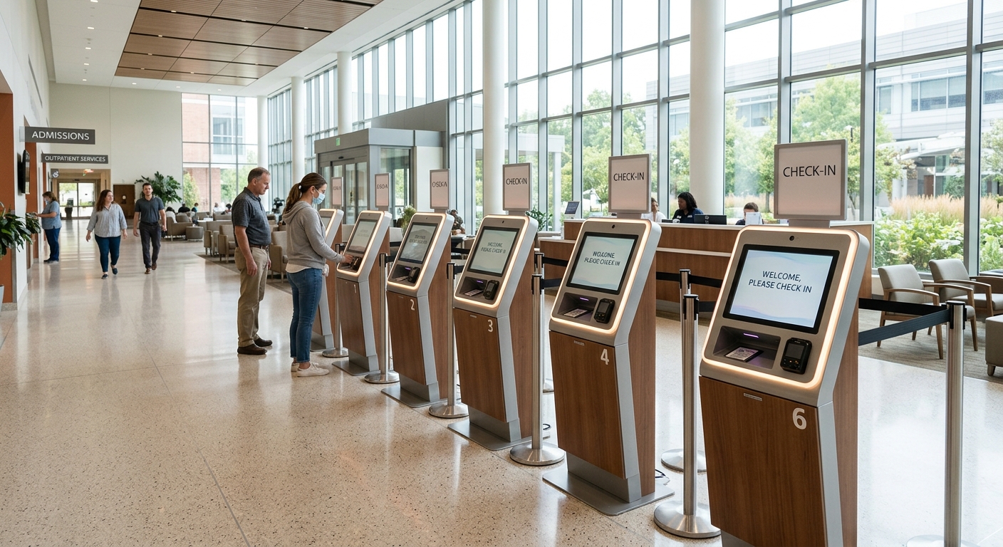 Row of self-service check-in kiosks in a hospital reception area