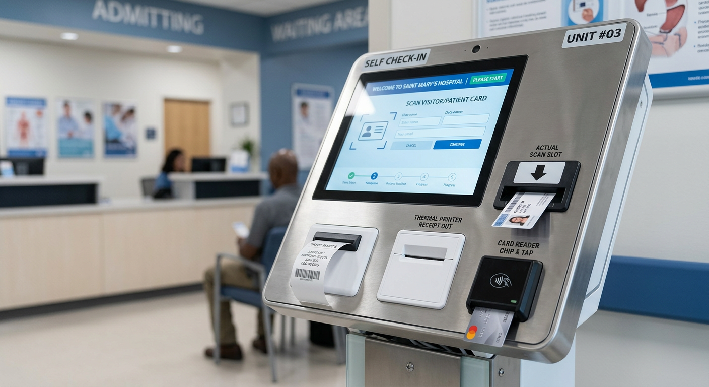 Close-up of hospital kiosk hardware components including touchscreen, scanner, and printer