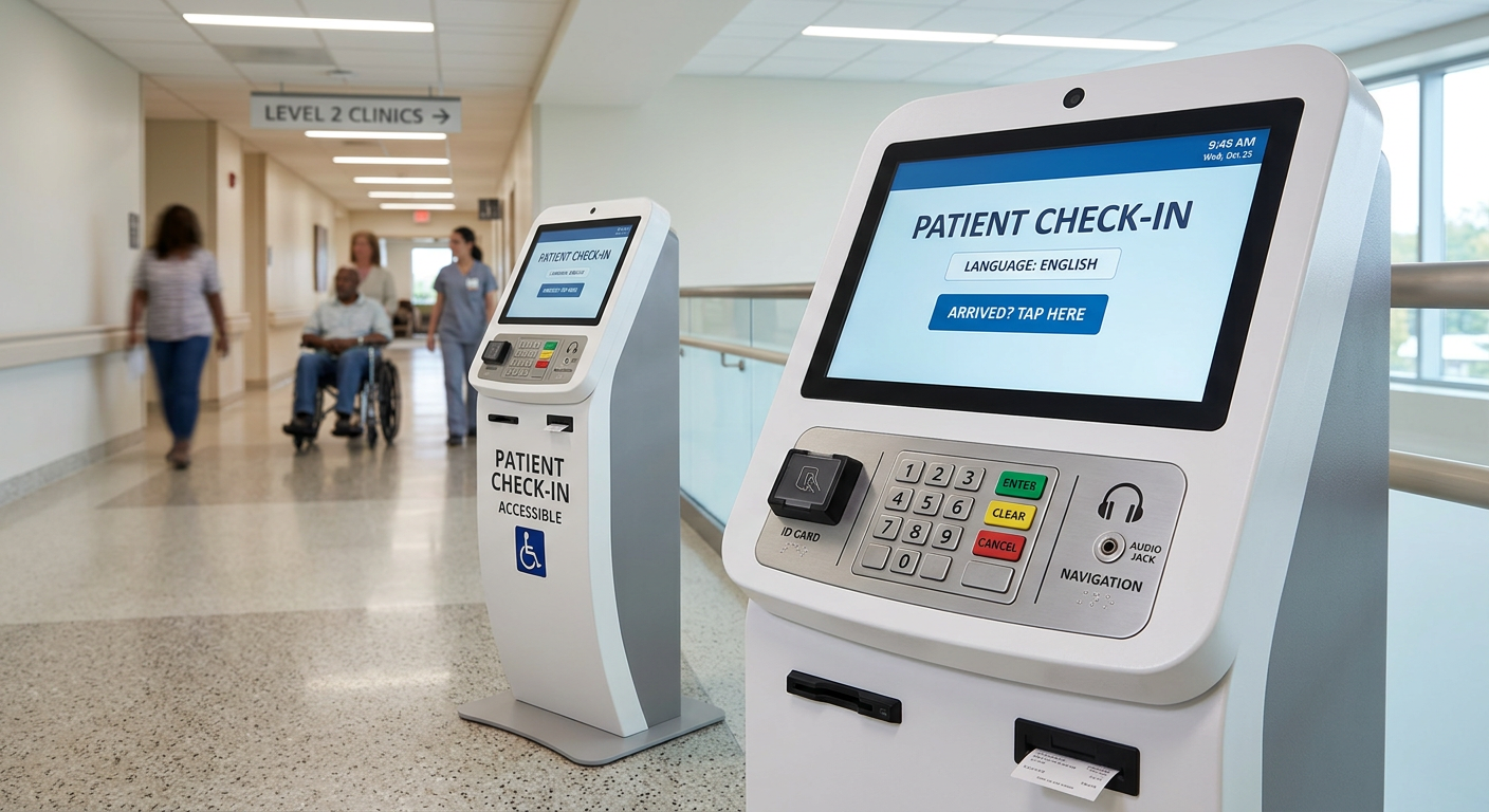 Accessible hospital check-in kiosk with tactile keypad and lowered controls