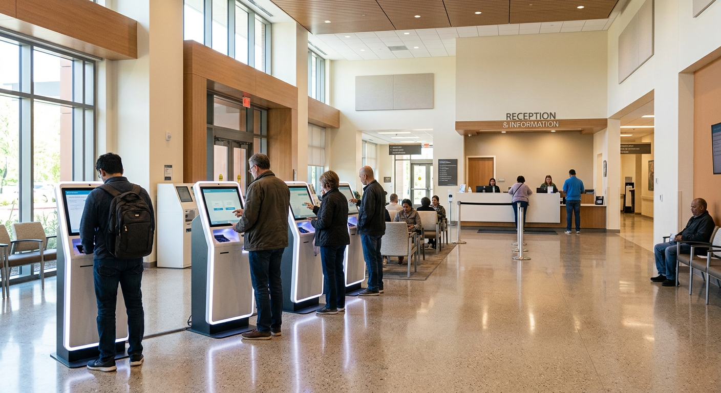 Outpatient clinic patients using self-check-in kiosks with short reception queue