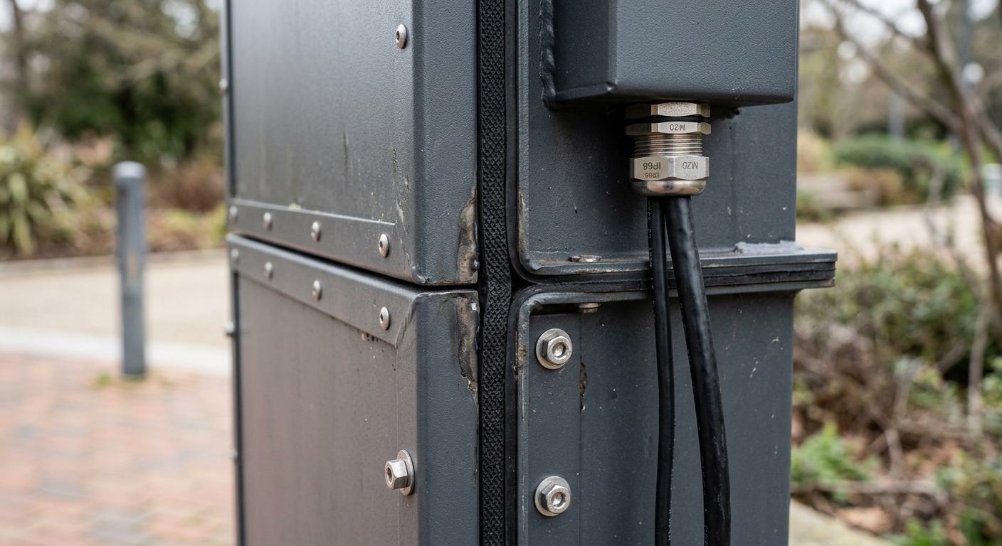 Close-up of weatherproof gasket and cable gland on outdoor kiosk enclosure