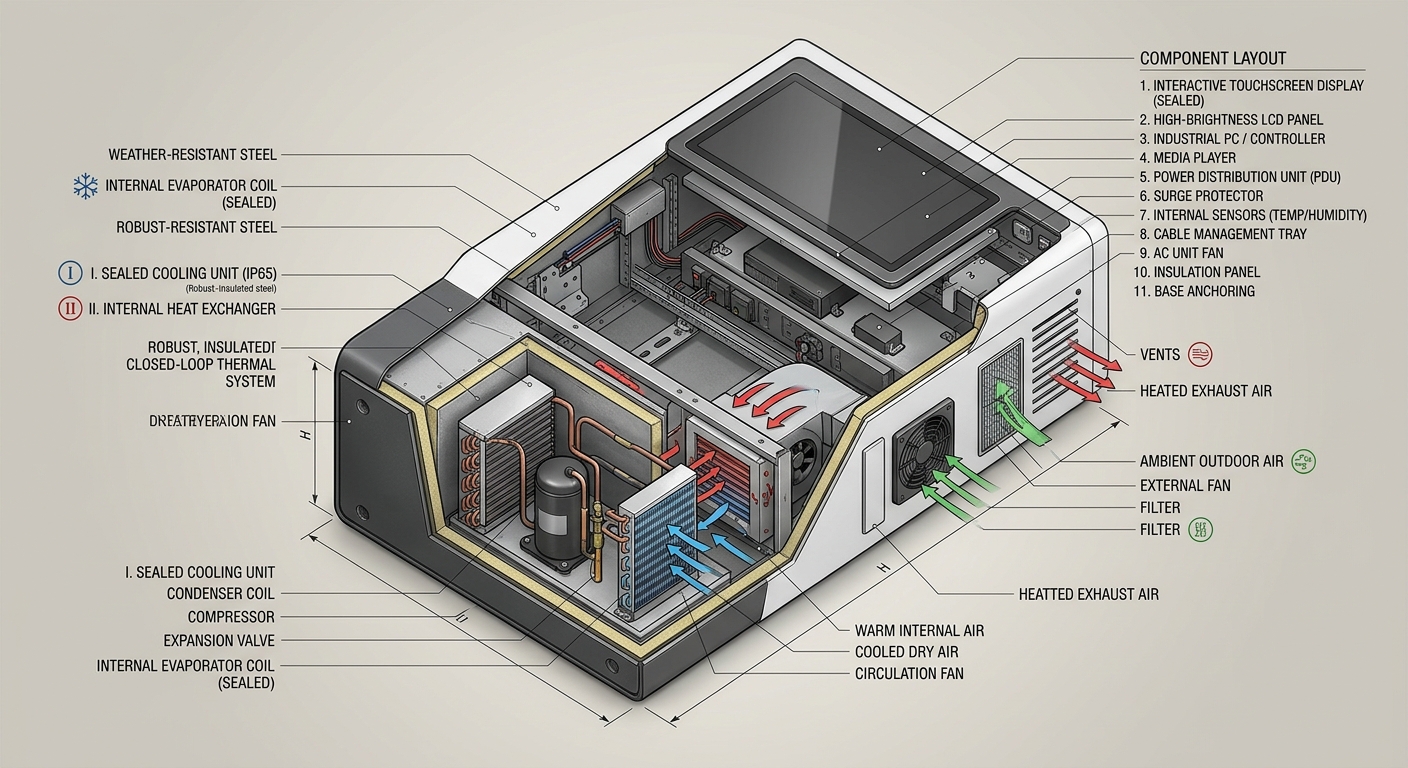 Cutaway diagram of outdoor kiosk internal cooling system