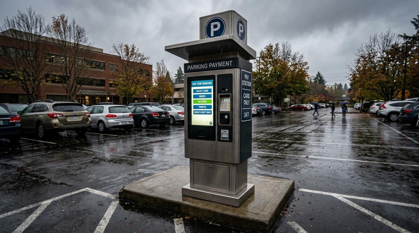 Durable outdoor parking payment kiosk in light rain