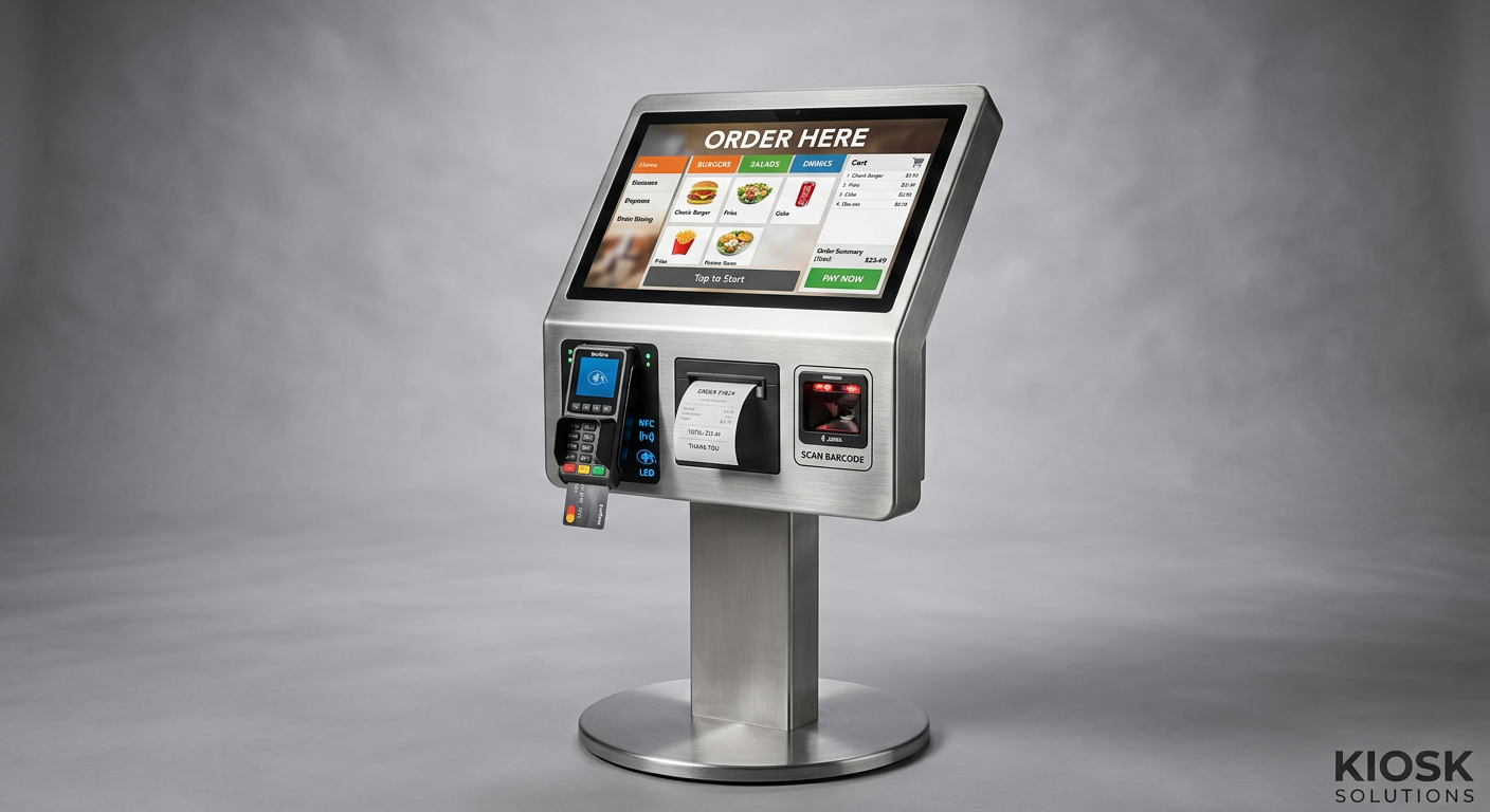 Custom 21.5-inch self-ordering kiosk with payment terminal and receipt printer