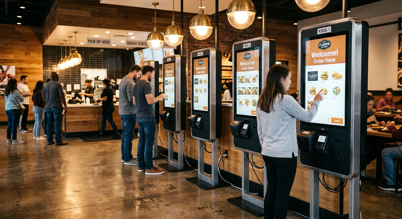 Customers using a row of self-ordering kiosks in a modern QSR restaurant