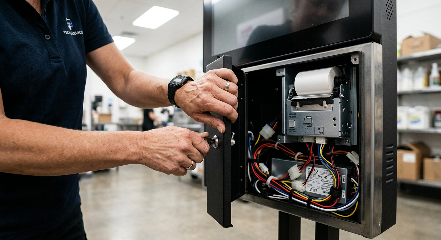 Technician servicing the front-access door of a self-ordering kiosk
