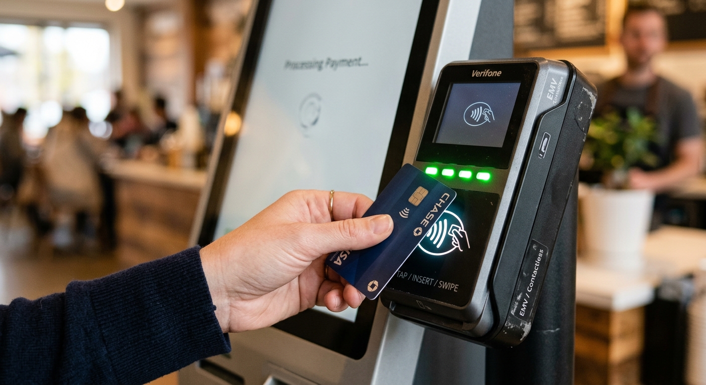 Customer using contactless payment on a self-service kiosk