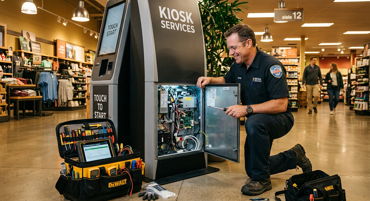 Field service technician maintaining a self-service kiosk