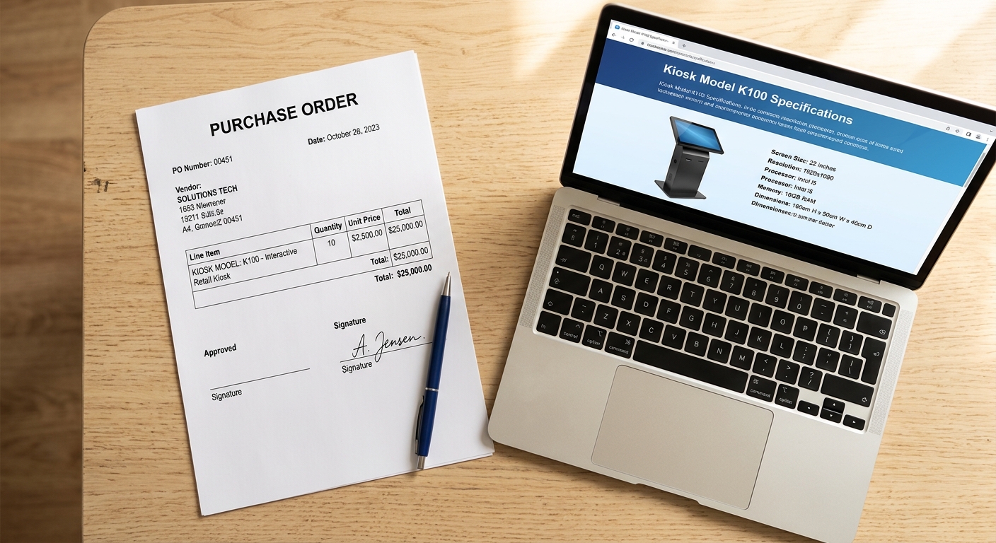 Kiosk purchase order document being reviewed on a desk