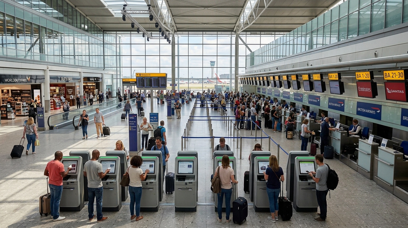 Airport check-in hall with self-service kiosks next to staffed counters