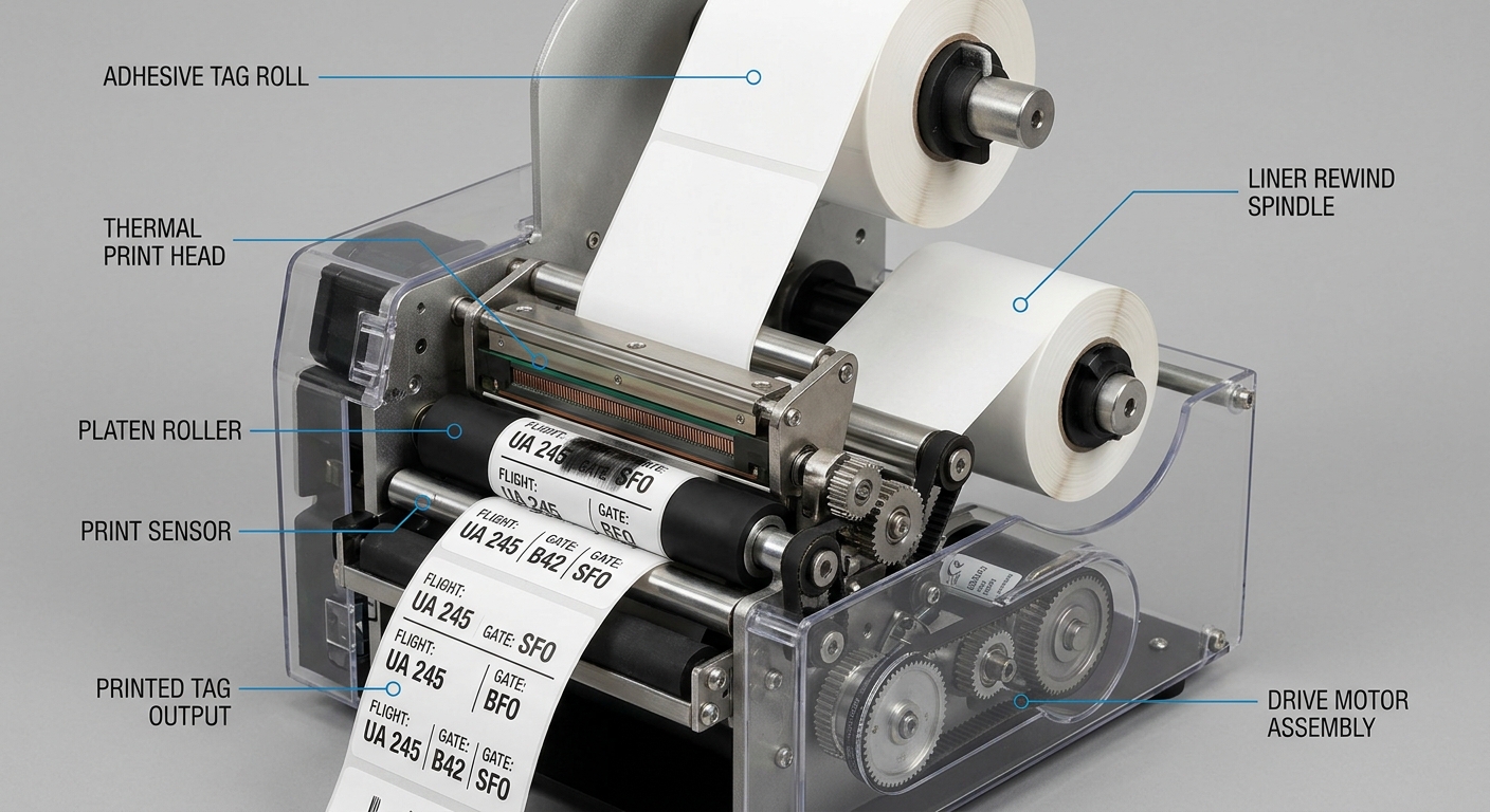Close-up of an airport kiosk bag tag printer mechanism with tag stock loaded