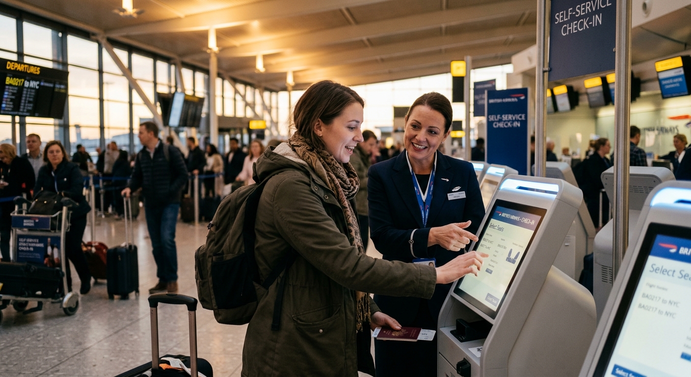 Airline staff assisting a passenger at a self-service check-in kiosk
