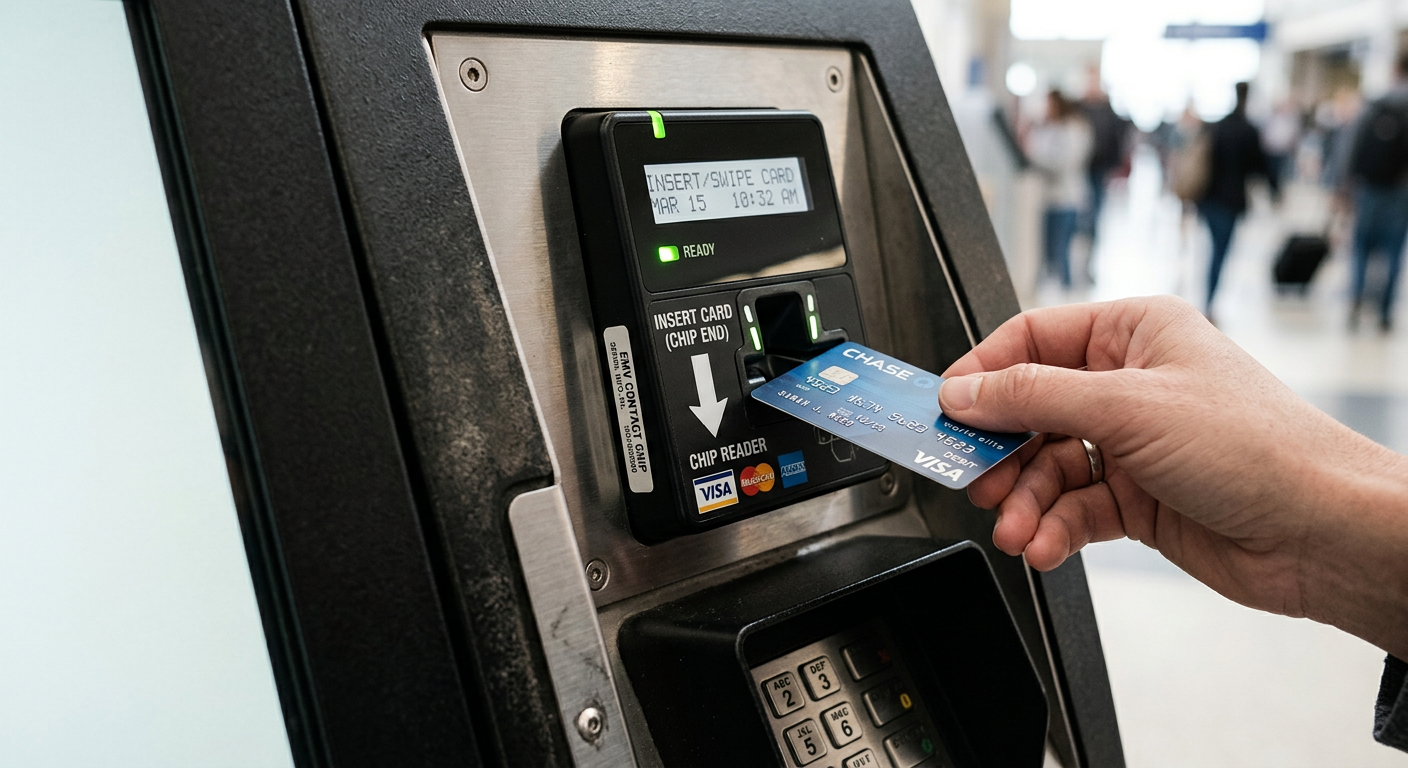 EMV chip card reader mounted in a secure kiosk payment bay