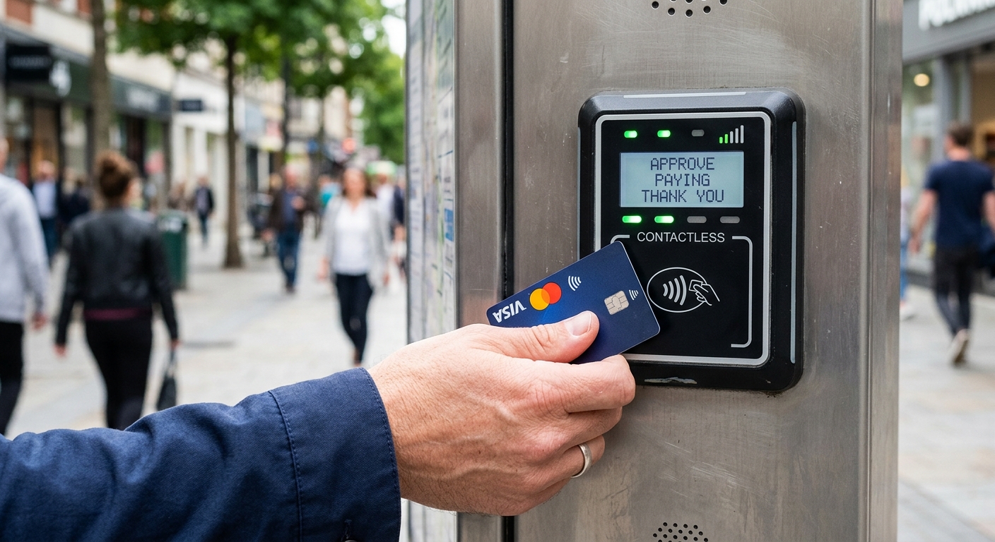 Hand tapping contactless payment card on kiosk NFC reader