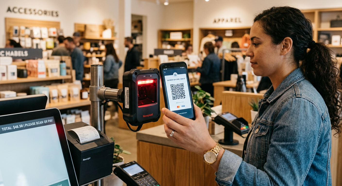Smartphone QR payment code being scanned at a retail kiosk