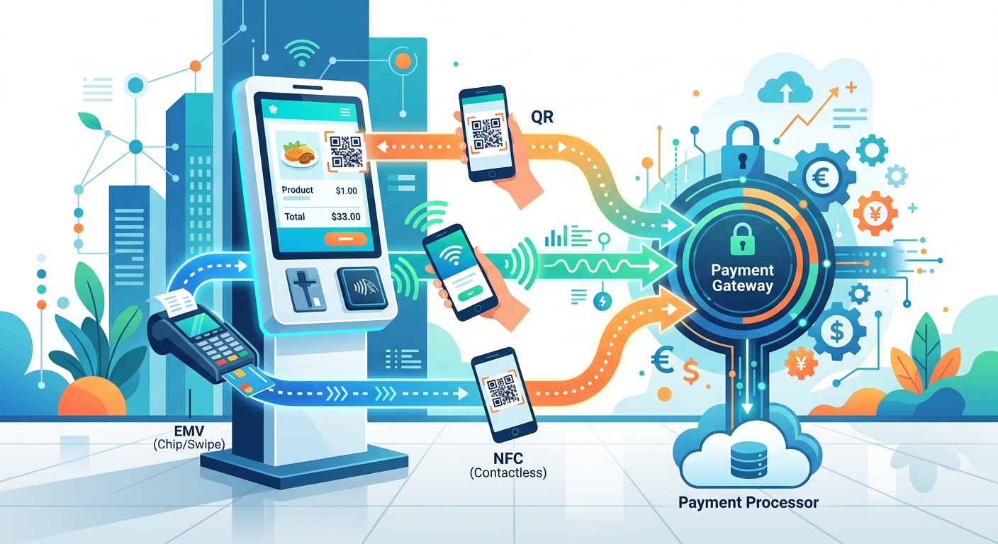 Diagram of kiosk payment gateway integration with EMV, NFC, and QR code paths