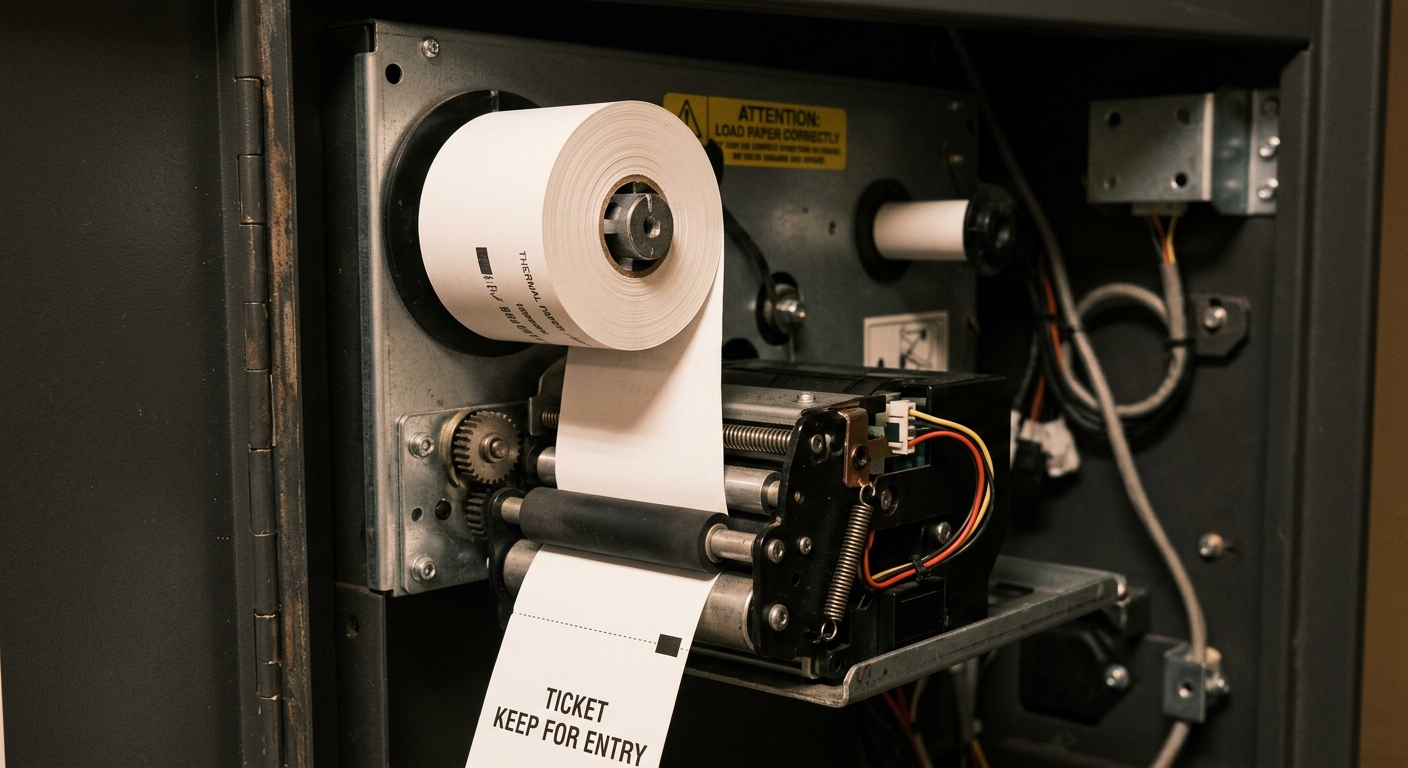 Thermal paper roll inside parking kiosk printer showing feed mechanism