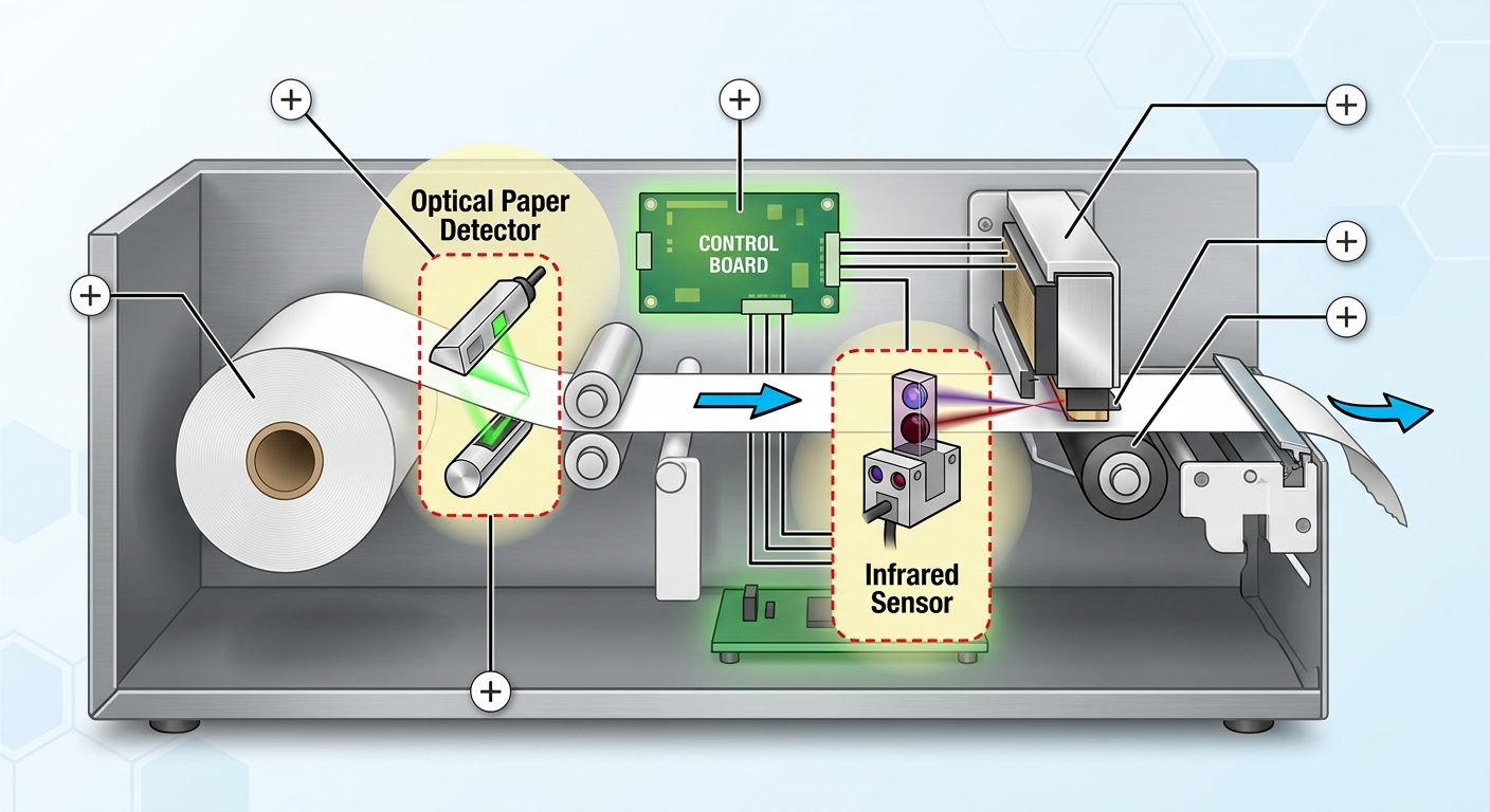 Infographic diagram of infrared and optical sensors inside a kiosk ticket printer