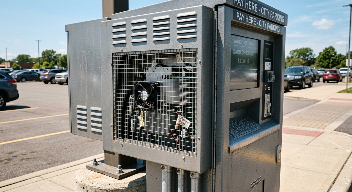 Outdoor parking kiosk in direct sunlight with visible ventilation for cooling