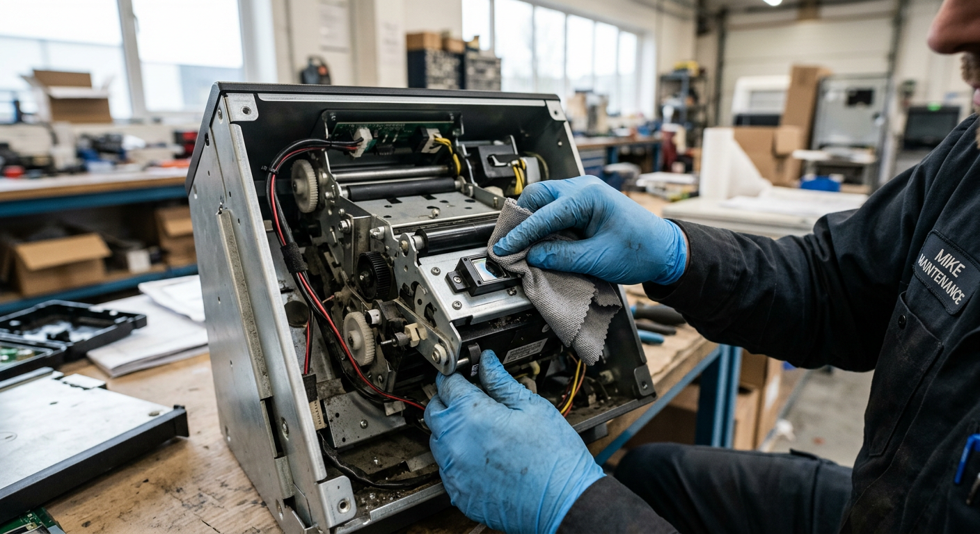 Technician cleaning a kiosk printer sensor lens during routine maintenance